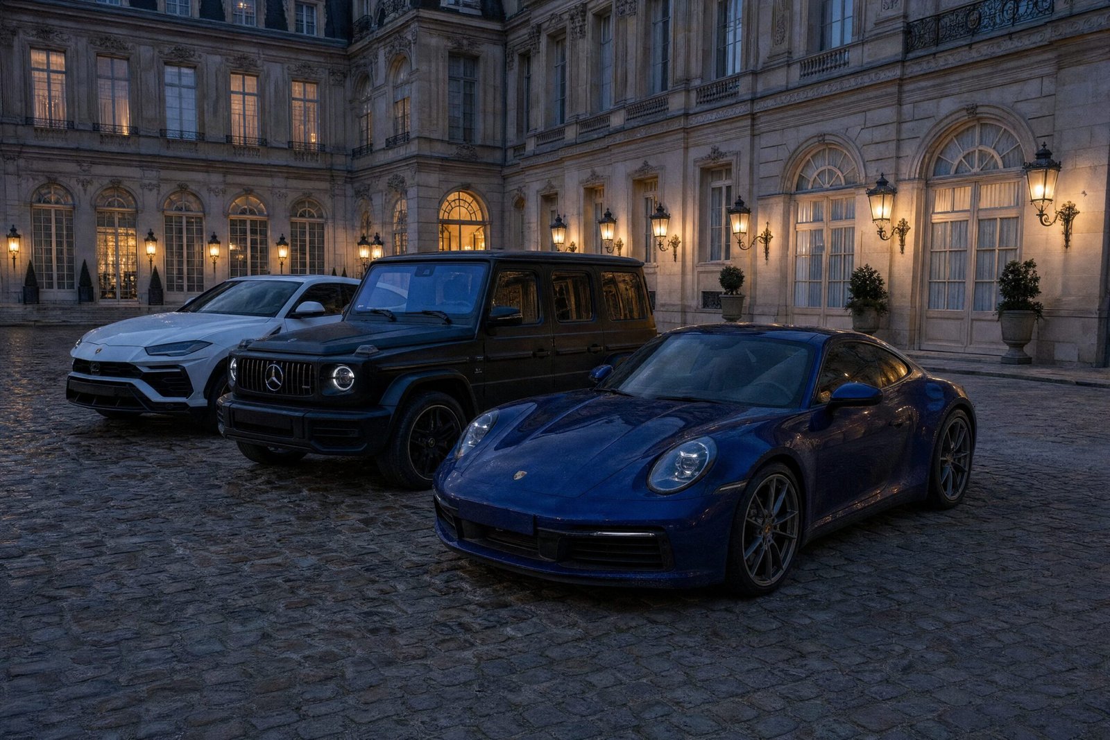 Flotte Motors Line devant un palace parisien : Porsche 911, Mercedes-AMG G 63 et Lamborghini Urus