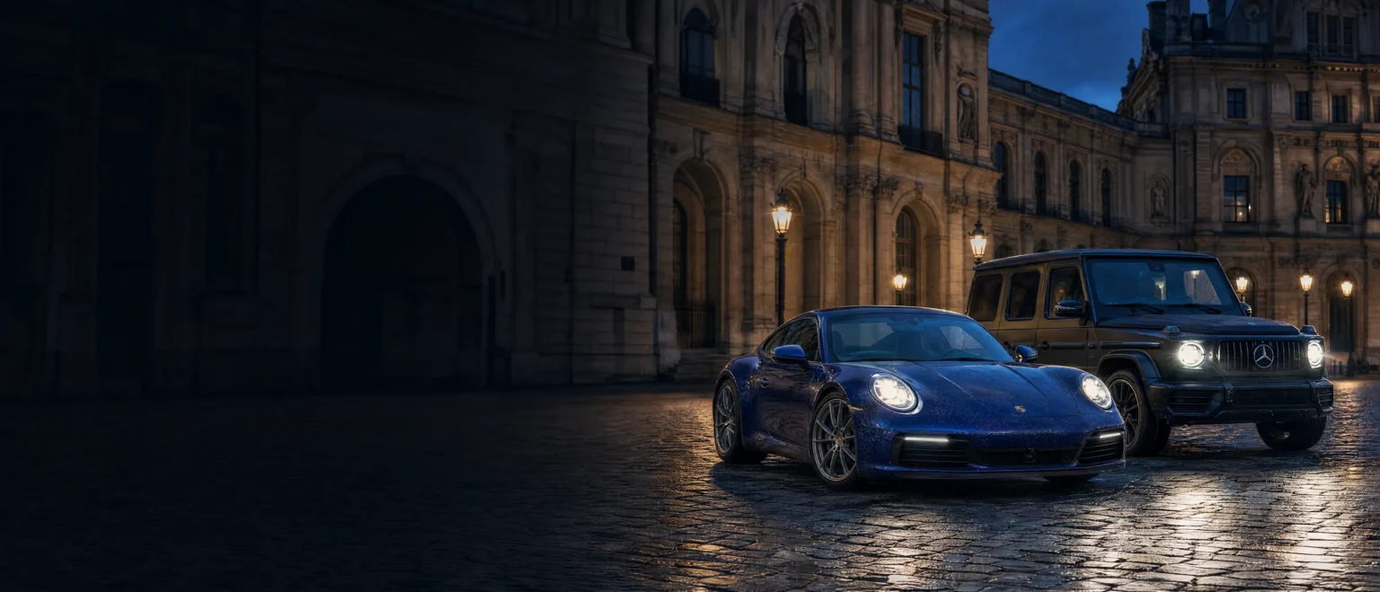 Location de voiture de luxe à Paris : Porsche 911 bleue et Mercedes-AMG G 63 dans la cour d'un palace, Motors Line